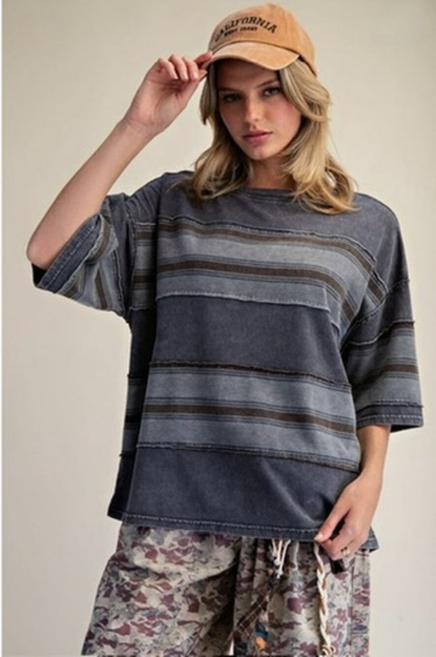 Easel Charcoal Stripe Oversized Mix Washed Boxy Drop Shoulder Top NWT